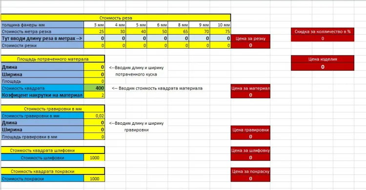Таблица для расчета стоимости услуг