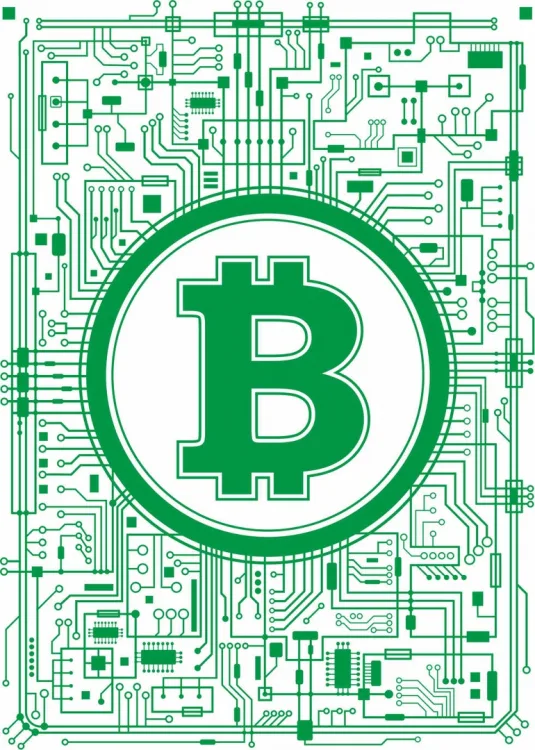 Биткоин: зелёный символ на узоре печатной платы
