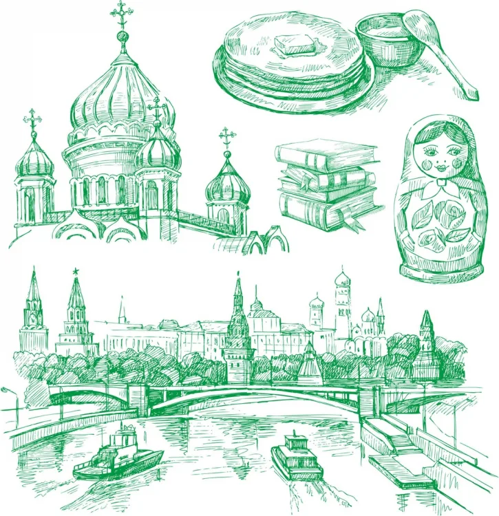 Векторные зарисовки Москва: собор с куполами и деревом, фото 2