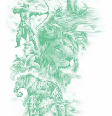 Корона, лучник, лев, слоны