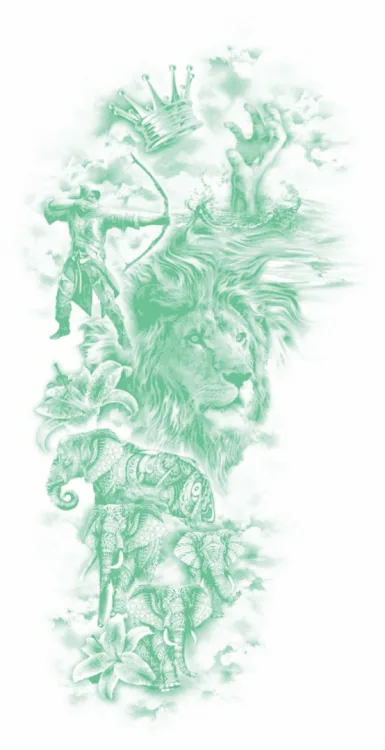 Корона, лучник, лев, слоны