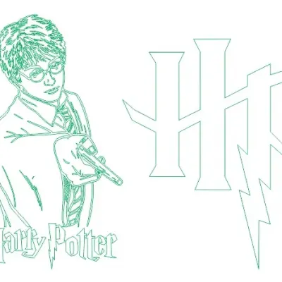 Гарри Поттер: портрет с палочкой и логотип HP