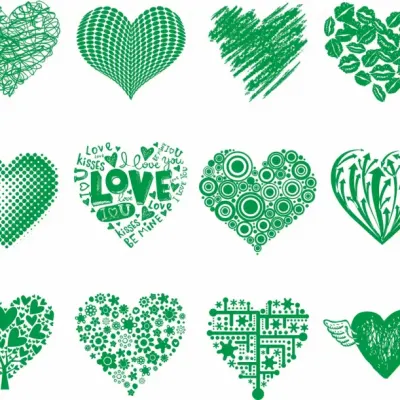 Сердца: зелёные макеты с надписями Love и стрелами